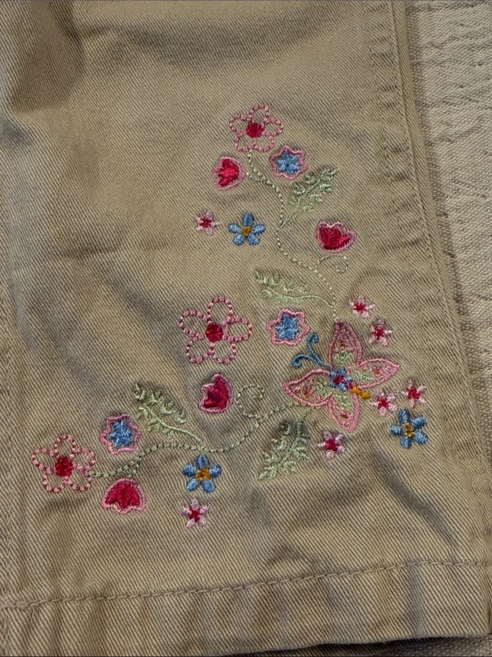 Vintage 90s/Y2K Carter’s Superwear 18M Khaki Floral Embroidered Overalls, sz 18m